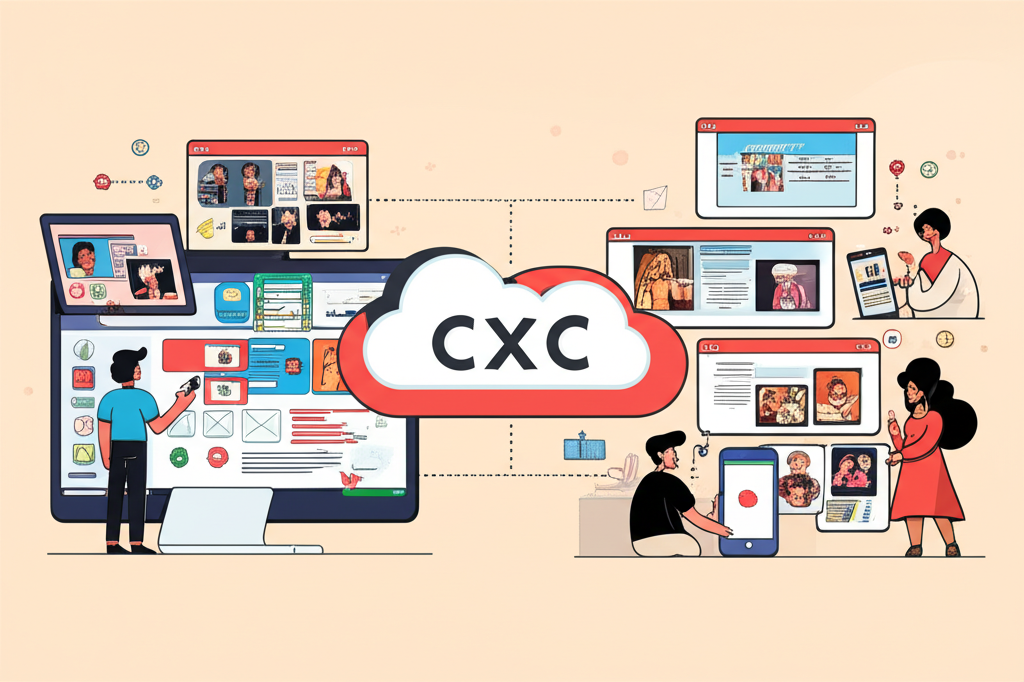 CxC平台雙重視角插圖,創作者管理內容與讀者探索互動的豐富數位體驗