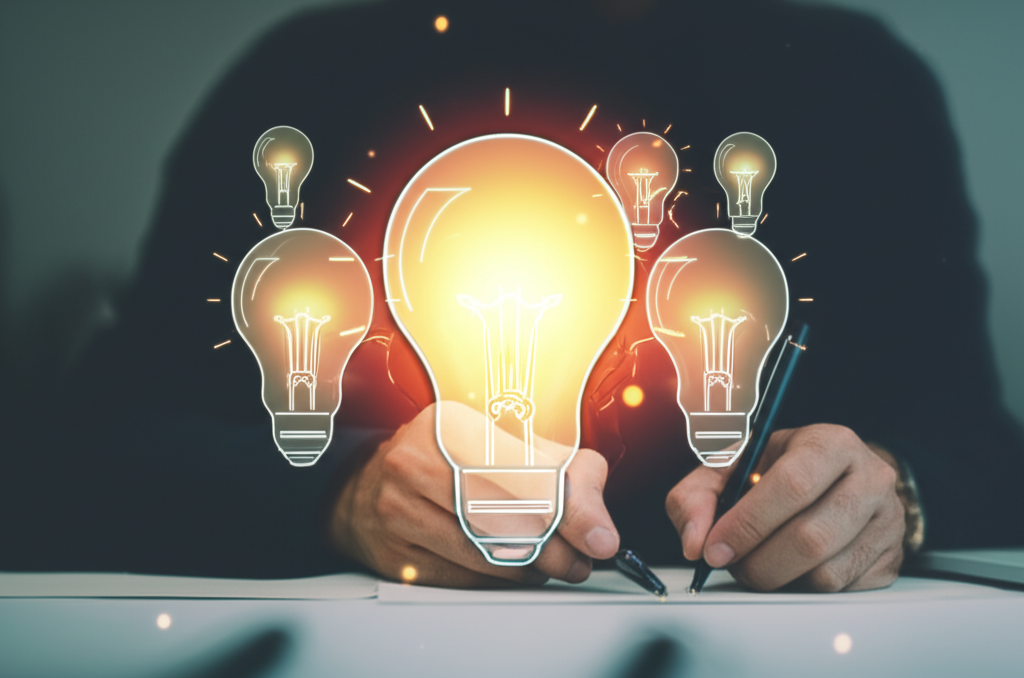 illustration of a person writing at a desk with lightbulb ideas floating around their head representing organized thoughts and clear communication in a digital age