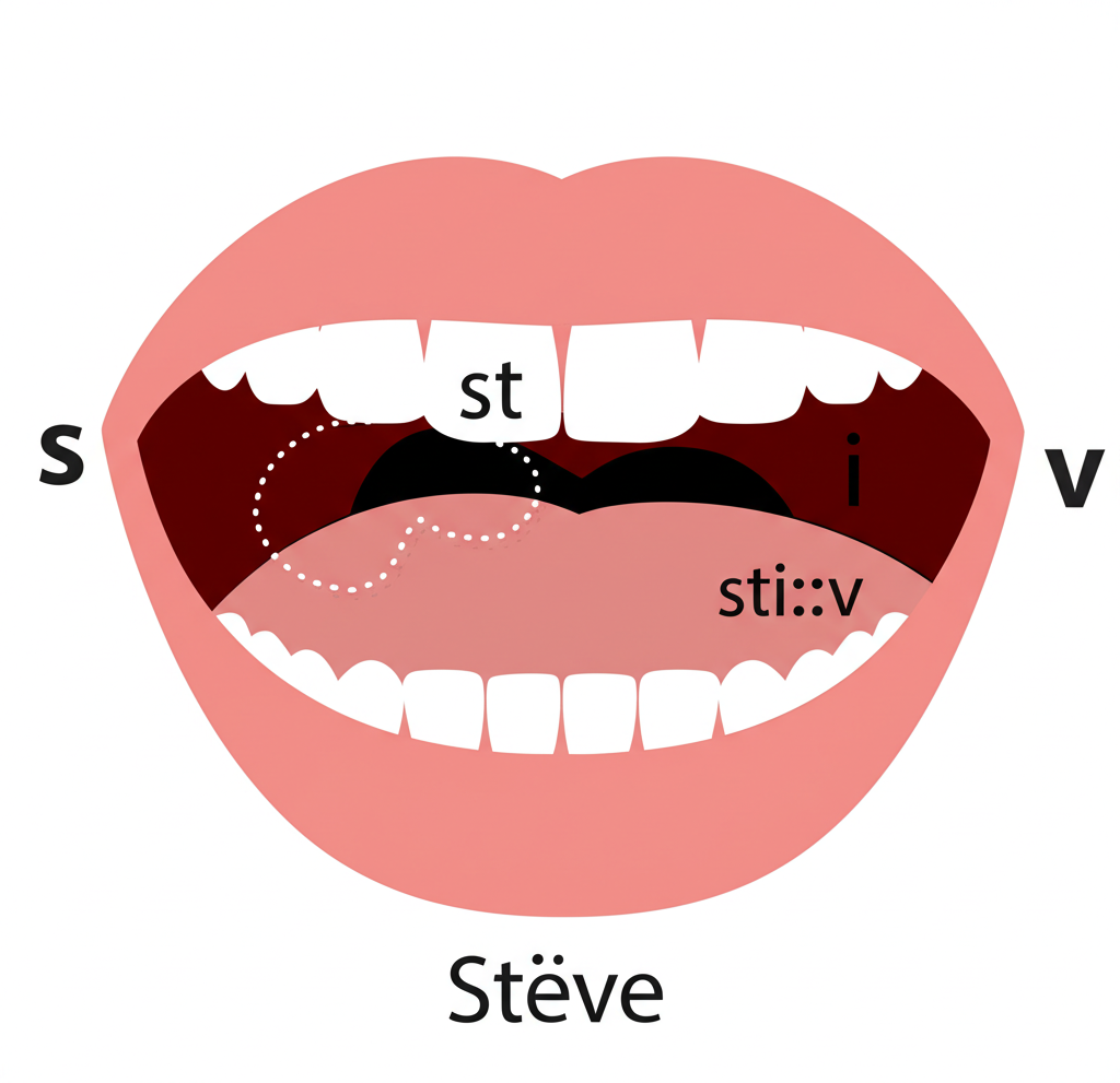 一張嘴巴示範Steve的正確英文發音,周圍飄浮著IPA符號stiːv,以及s、t、長i和v音的細微引導