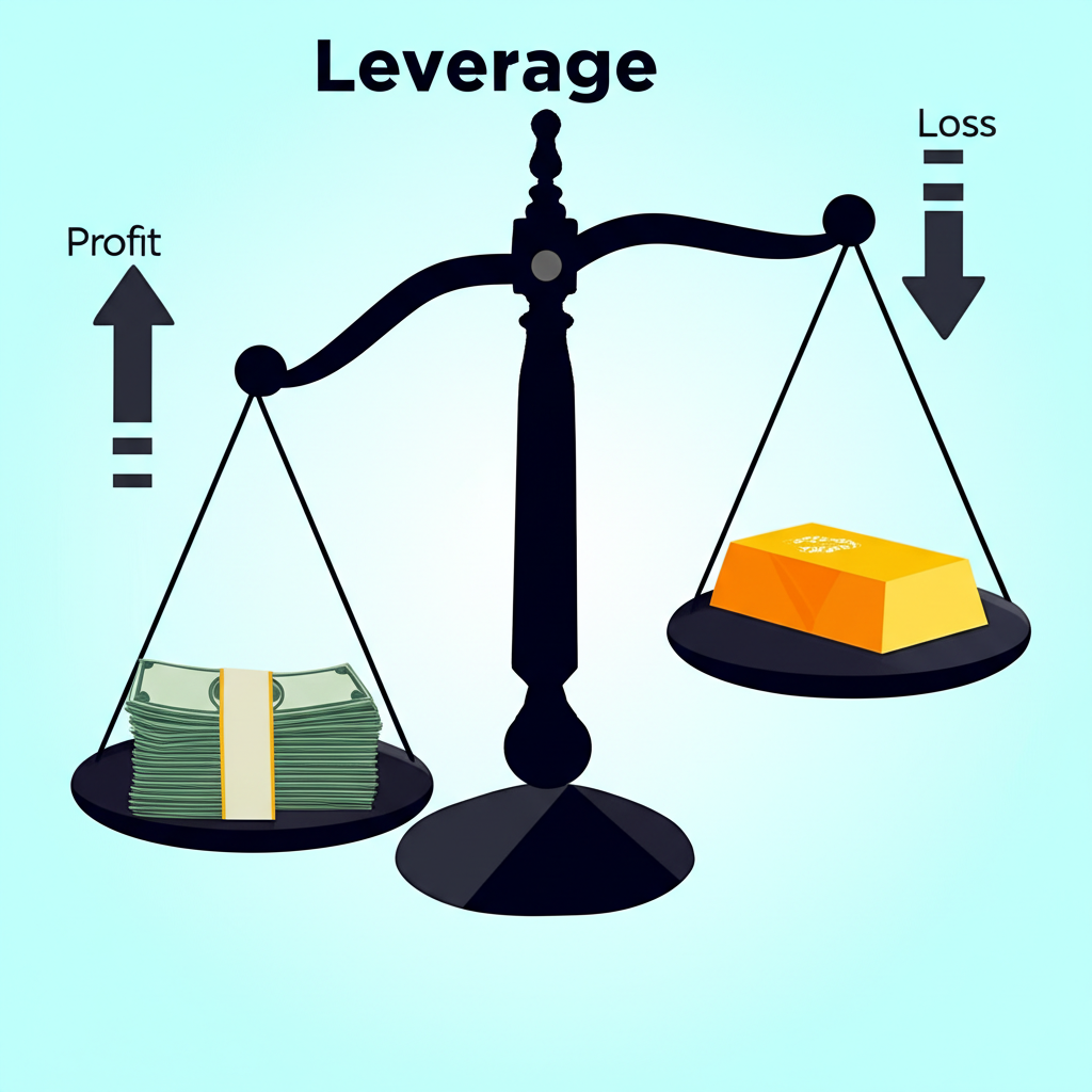 An illustration showing a balance scale with a small pile of money on one side and a large gold bar on the other symbolizing leverage with arrows indicating both upward profit and downward loss representing high risk high reward trading