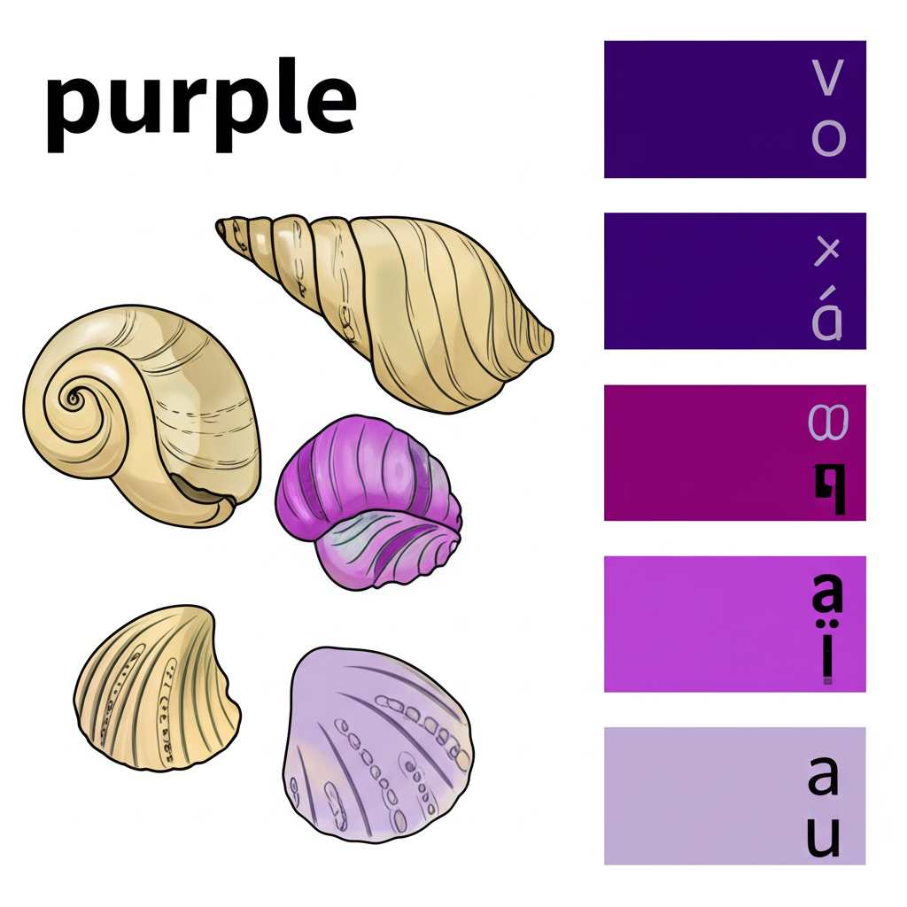 illustration depicting ancient mediterranean shells for purple dye extraction alongside a modern color palette showing purple, violet, magenta, and lavender with phonetic symbols