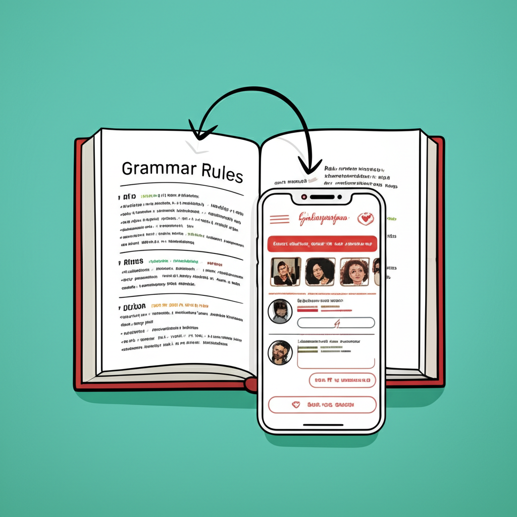 illustration style an open book with grammar rules and an arrow pointing to a smartphone showing a dating app interface representing a comprehensive guide to language and human connections