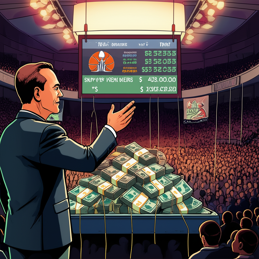 An illustration showing a charismatic leader speaking to a massive crowd in a grand arena with a scoreboard displaying high returns while hidden strings manipulate a pyramid of money and a basketball team logo subtly suggests a facade of legitimacy