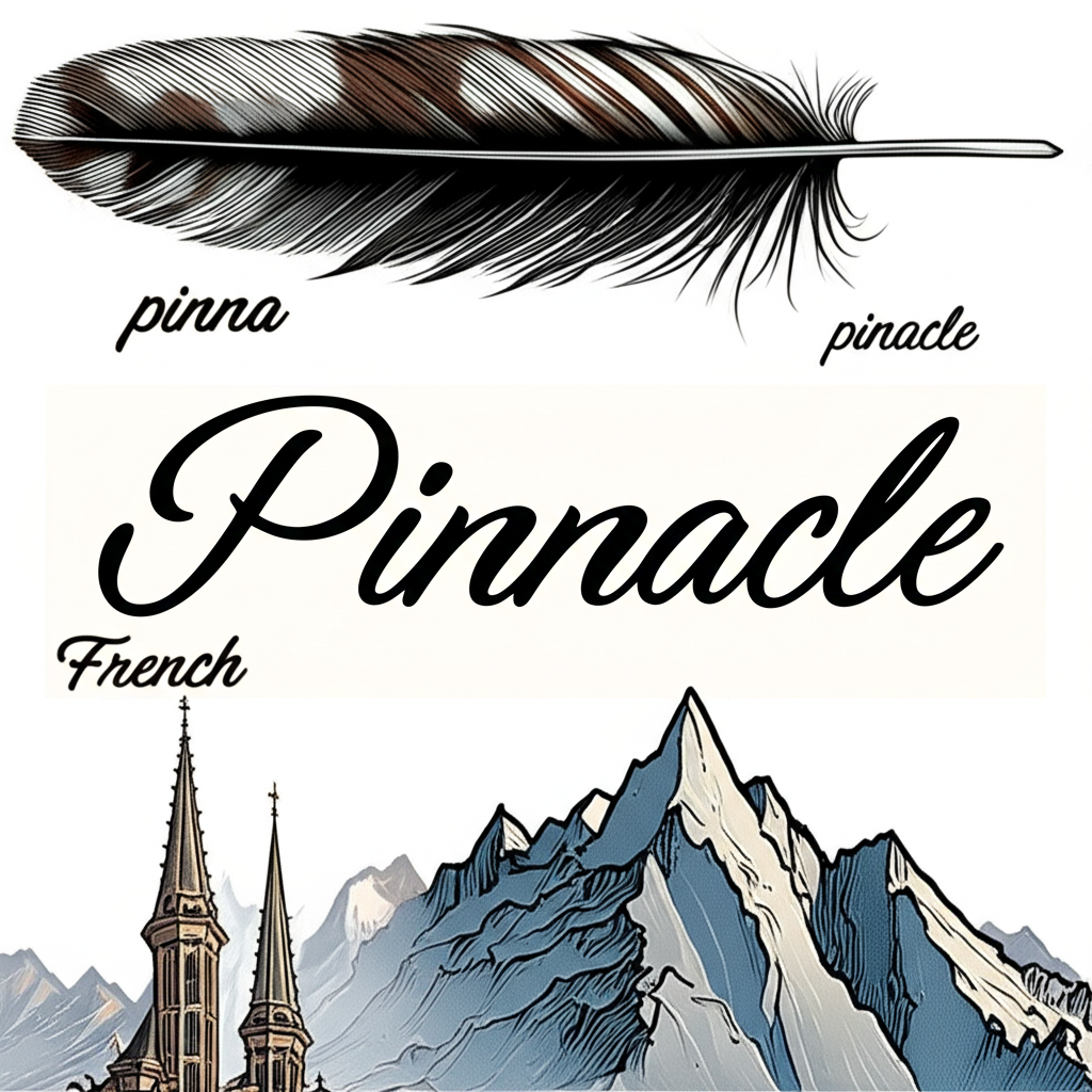 Pinnacle 詞源圖解:從拉丁文 pinna 到法語 pinacle,最終演變為英文 pinnacle,並連結建築尖塔與山峰意象