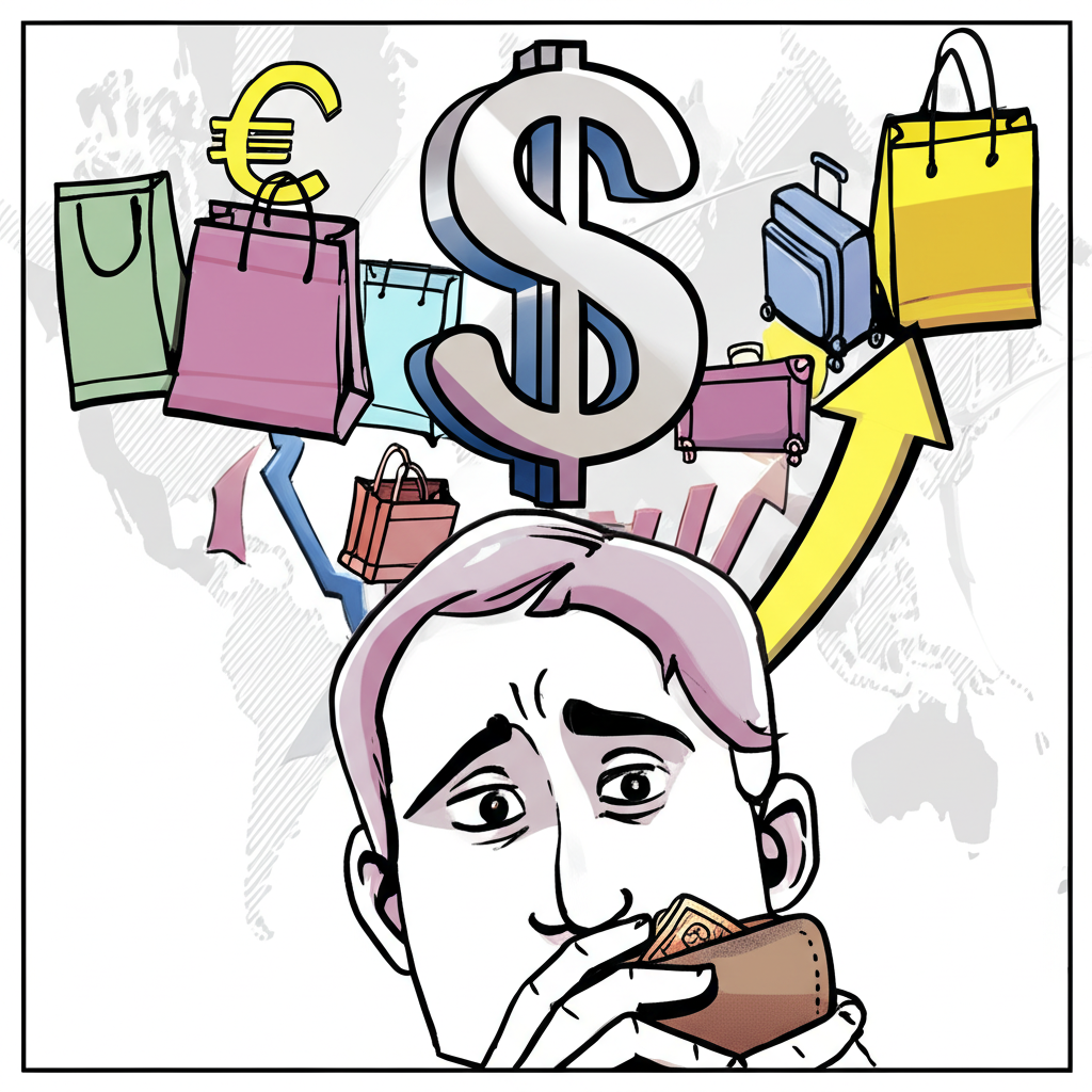 美金升值影響個人荷包與全球經濟的插圖,包含貨幣、購物、旅行與投資元素
