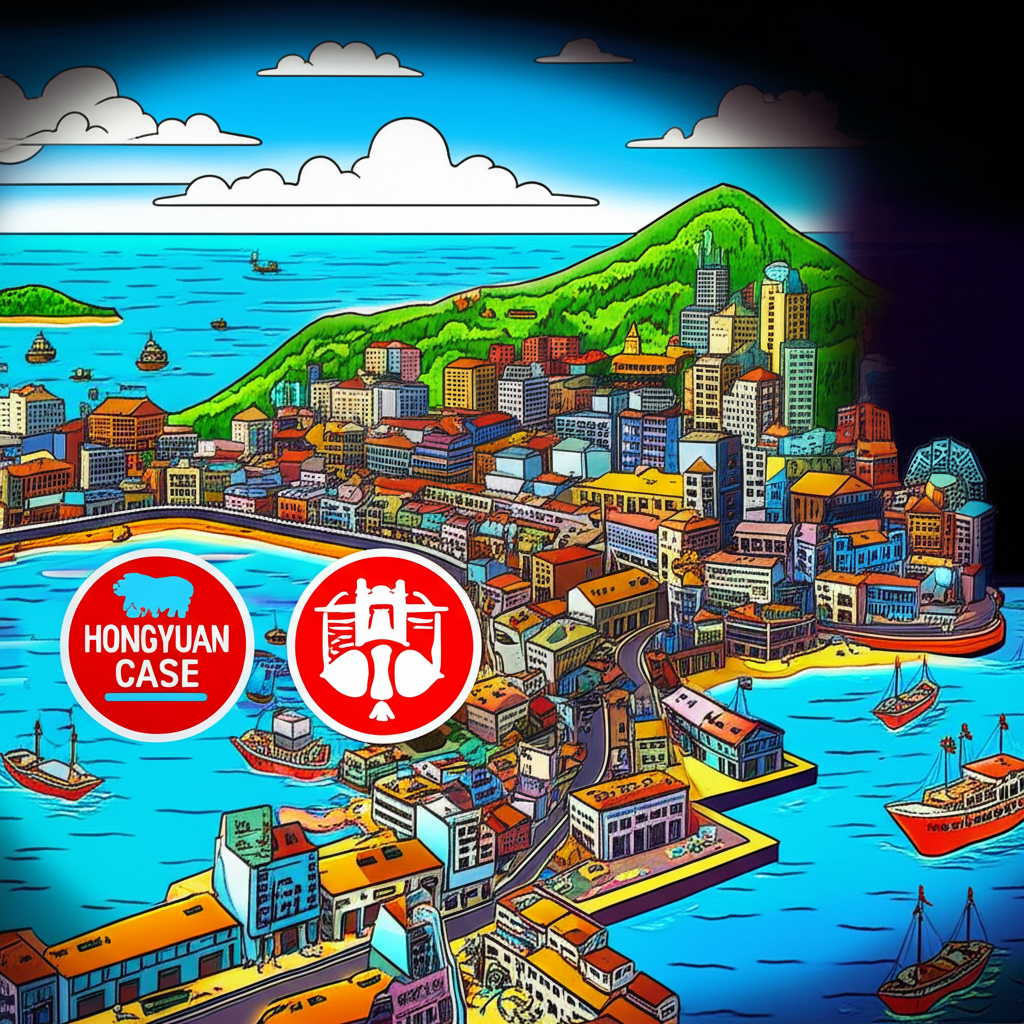 An illustration of a bustling island economy in the 1980s with a dark shadow representing financial crime lurking beneath highlighting the Hongyuan case a symbol of greed and a historical warning for modern financial scams