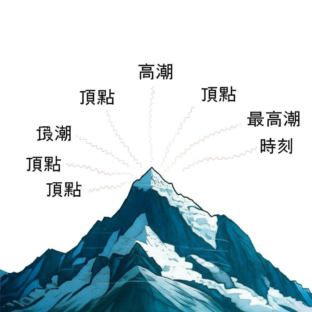 高潮、頂點、最高潮、關鍵時刻等中文翻譯包圍動態高峰的插圖,展現Climax的核心意義