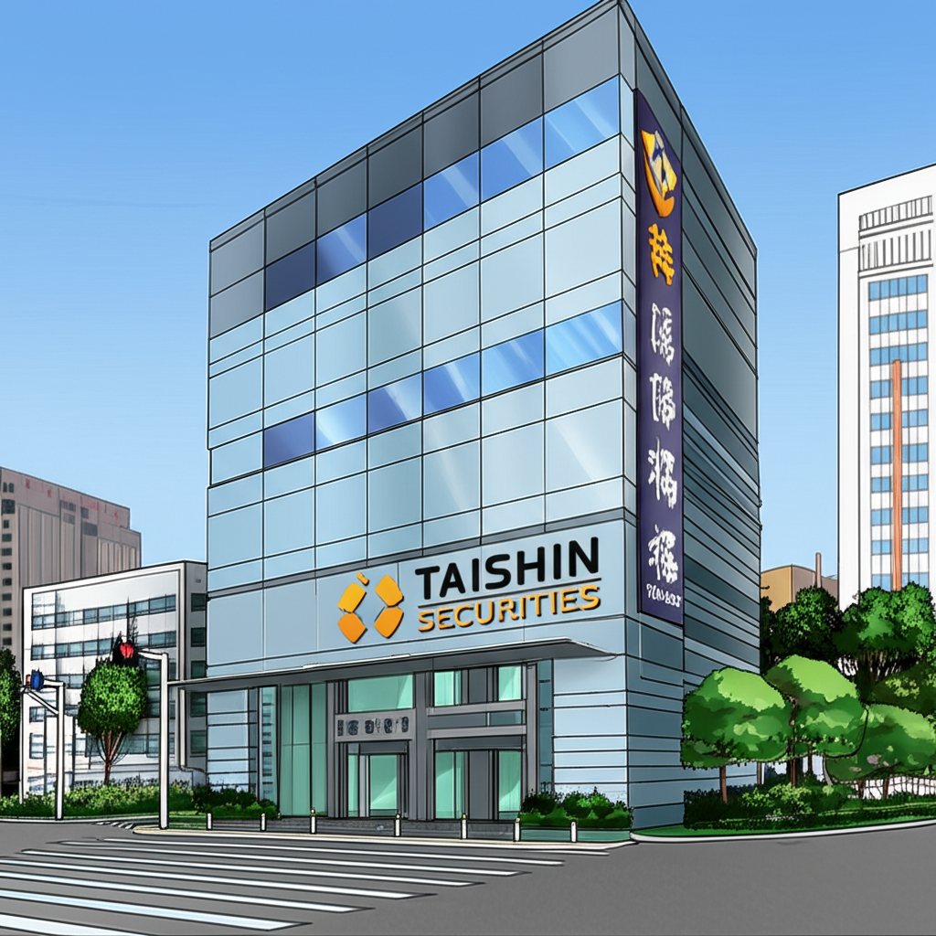 台新證券現代金融機構建築插圖,展示其作為台灣市場關鍵參與者的形象,提供多元投資服務給潛在與現有客戶
