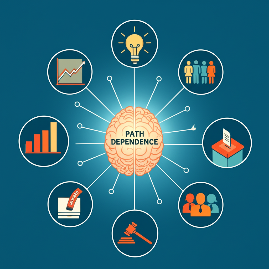 路徑依賴核心概念示意圖，連接經濟、政治、社會與創新元素