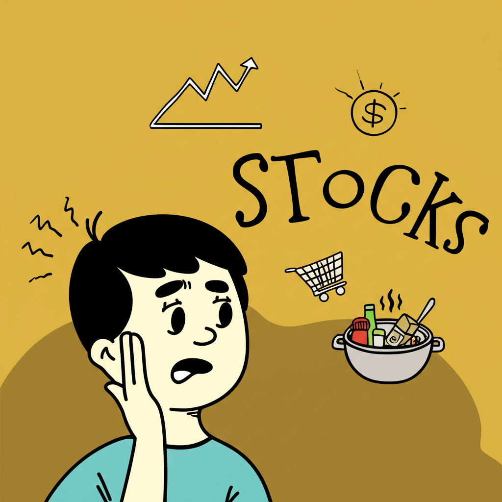一個人困惑地看著stocks一詞,周圍浮現股票圖表、購物車和湯鍋圖像,象徵其多重的中文翻譯與深層含義