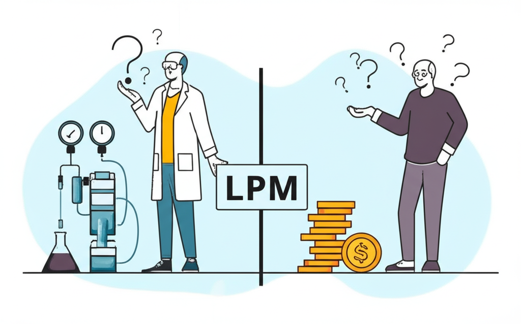 LPM雙重含義插圖:科學家觀察流量計與檢查金幣的人士,頭頂問號與LPM標誌