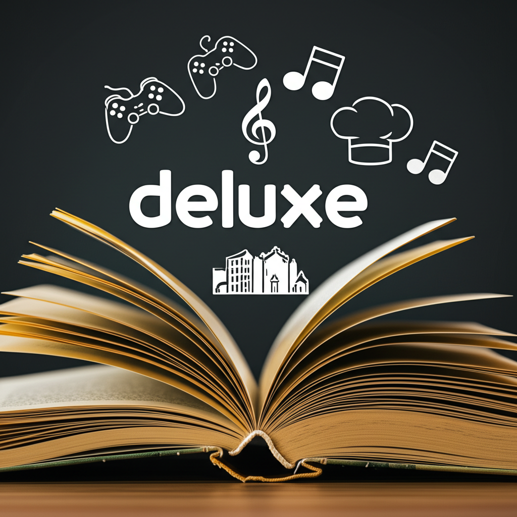 一本打開的書，頁面浮現遊戲、音樂和飯店業等符號，展示 Deluxe 詞彙全面指南的插圖