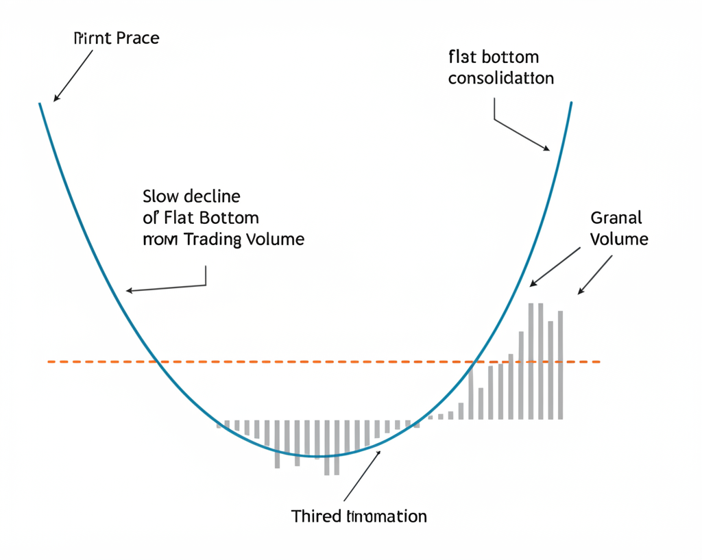 illustration depicting the three stages of a rounded bottom pattern: slow decline, flat bottom consolidation with low volume, and gradual upward trend with rising volume, representing market shift from despair to cautious optimism