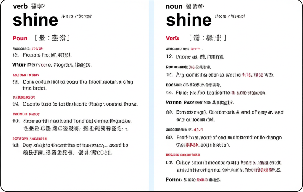 一本打開的字典,分為兩側,左邊列出 shine 作為動詞的各種用法與中文解釋,右邊則展示其名詞形式的意義與情境