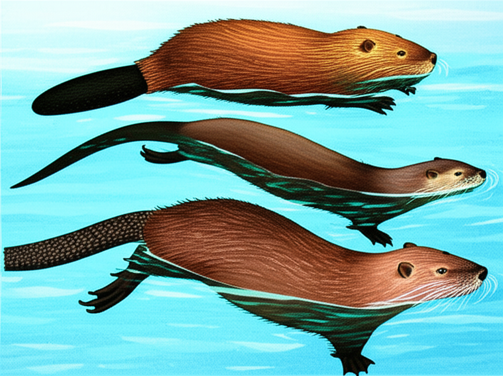 三種動物插圖:尾巴扁平的河狸、流線型身體的水獺與尾巴似老鼠的海狸鼠,一同在清澈河流中游泳