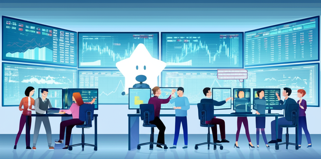 Illustration of diverse investors from Taiwan and Hong Kong using a futuristic trading platform with real-time charts and AI assistant