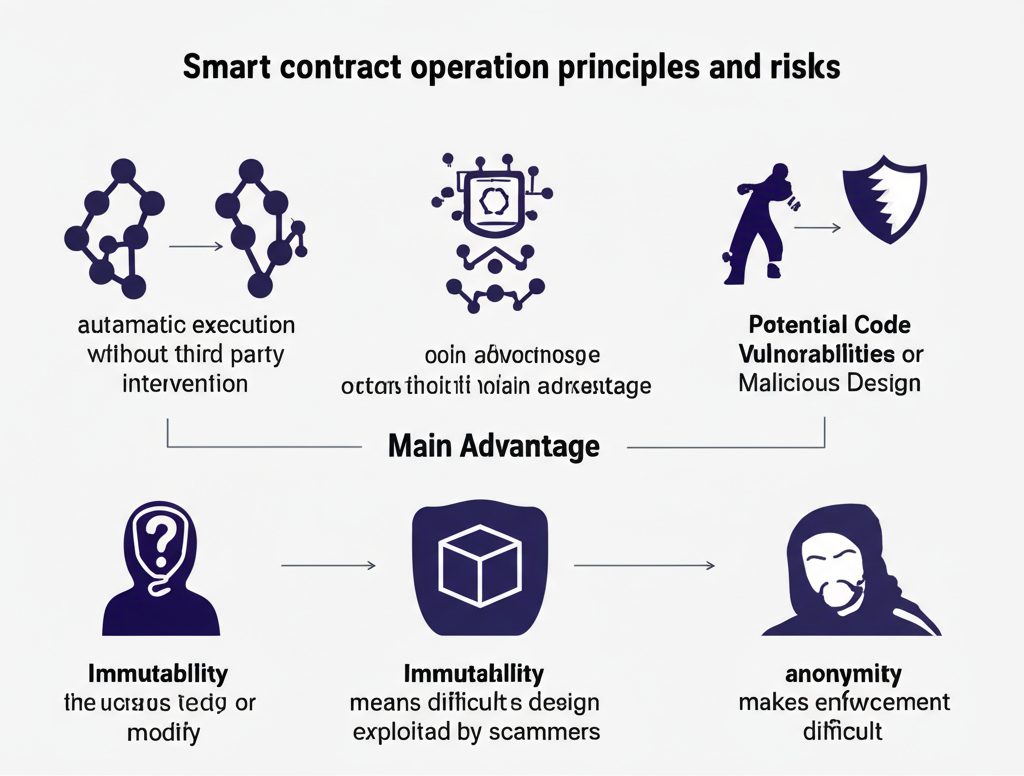 智能合約運作原理與風險插圖，顯示區塊鏈程式碼自動執行優勢及漏洞、不可篡改導致資金難追回的問題