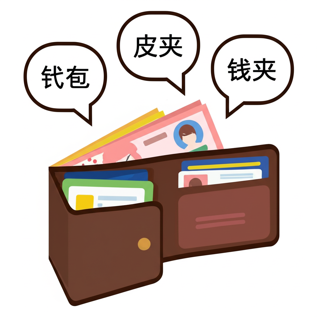 經典棕色皮夾打開顯示內含鈔票、信用卡和身份證件的細節插圖，旁邊附有錢包、皮夾和錢夾的中文標示