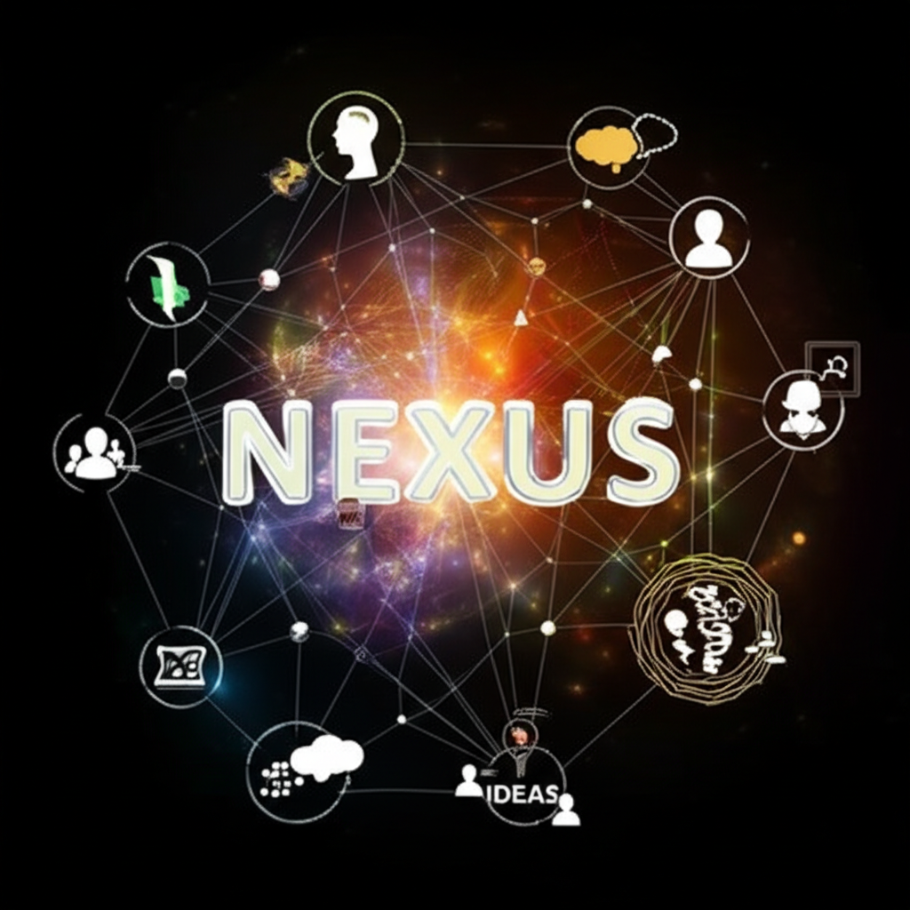 以Nexus為中心的抽象網絡圖,展現人、數據與概念之間的全球連結