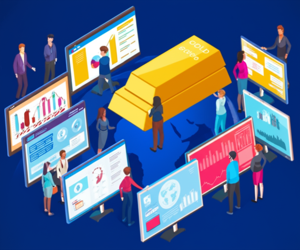 An illustration of diverse investors a mix of beginners and experienced traders looking at various gold trading platforms on screens some platforms are shining brightly others look suspicious against a backdrop of global economic uncertainty a golden bar is central symbolizing a safe haven