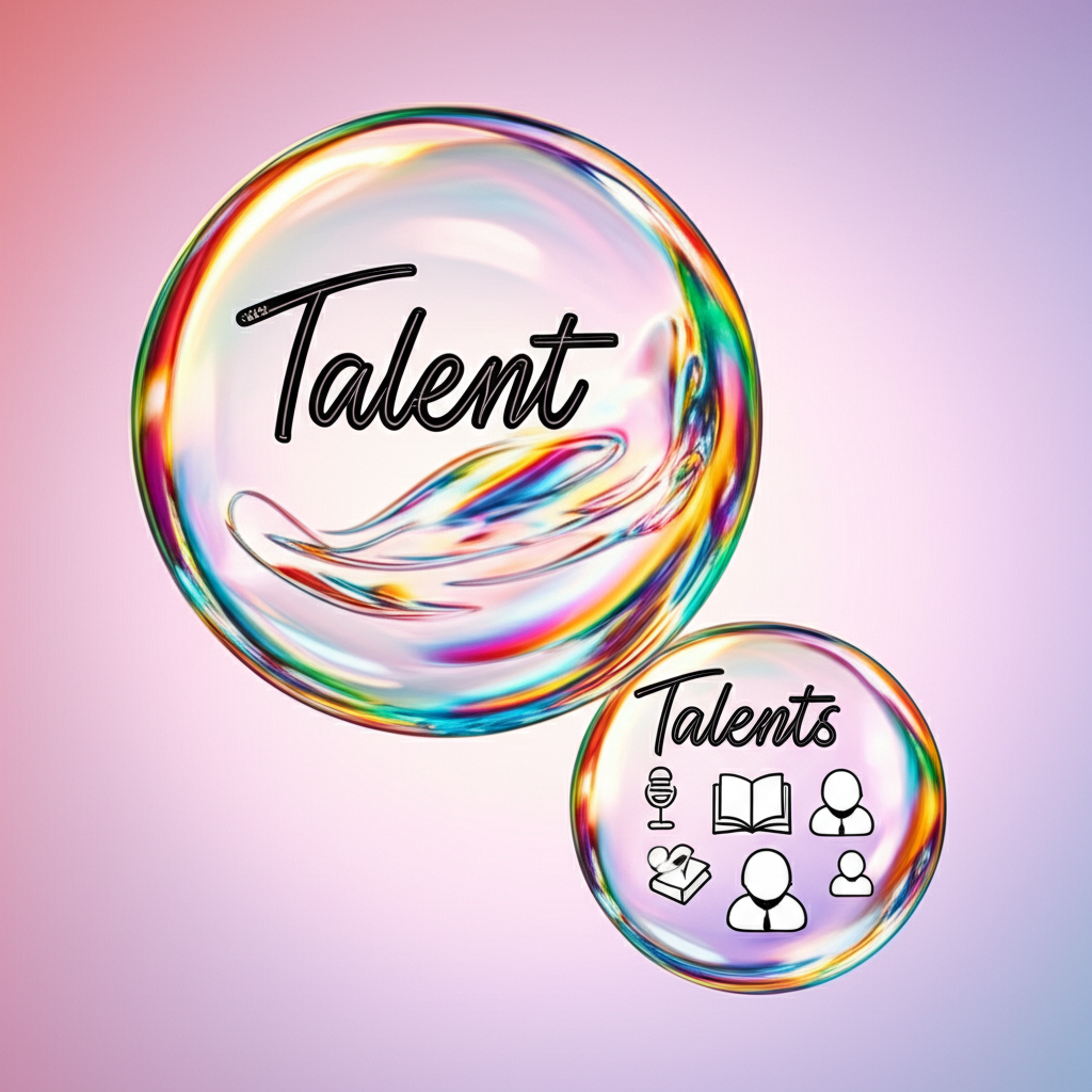 大泡泡標示Talent,內有流動線條;小泡泡標示Talents,內含麥克風、書本與人像等不同圖示, whimsical 插畫風格