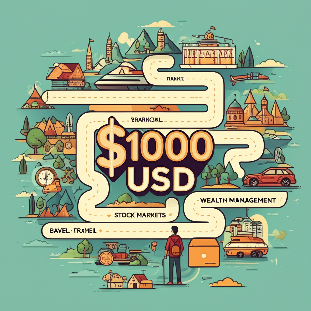 插圖:詳細的財富地圖,路徑通往股市、銀行、旅遊目的地,圍繞著10000美元符號,引導個人走向財富管理