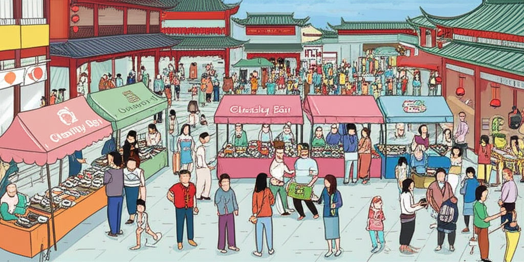 充滿活力的商業與社交空間插圖,描繪傳統中國風格的熱鬧市集或露天巴扎,人們販售商品並互動,也包括慈善義賣活動