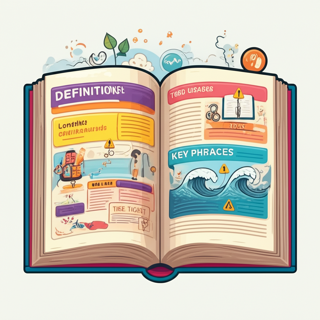 Illustration depicting a journey through a vibrant dictionary with sections on noun definitions, verb usages, key phrases, scientific explanations of tides, and common mistakes like tide tight and tidy