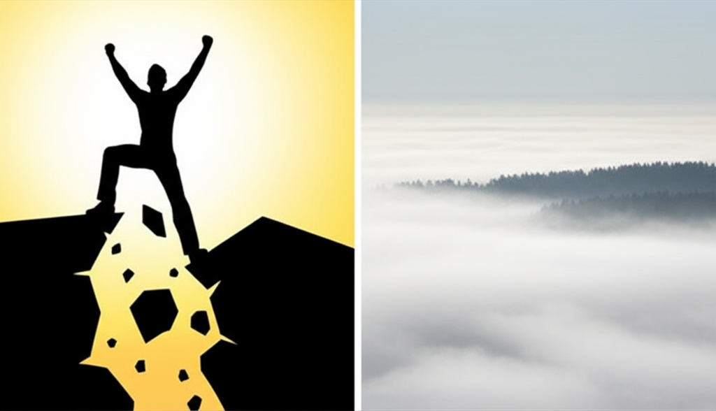 Illustration of triumphant figure overcoming obstacle for win, and widespread mist for prevalence in dynamic scenes