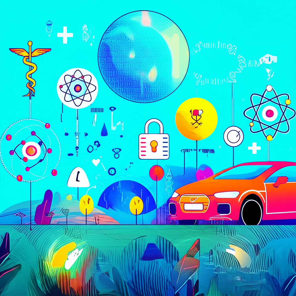 Proton中文多重含義概念圖:涵蓋數位隱私、物理原子、汽車與醫療符號的融合場景
