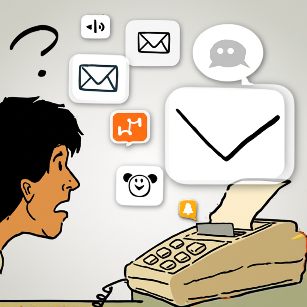 illustration a person looking puzzled at an old fax machine surrounded by modern digital communication icons like email and chat apps symbolizing the contrast between old and new communication methods