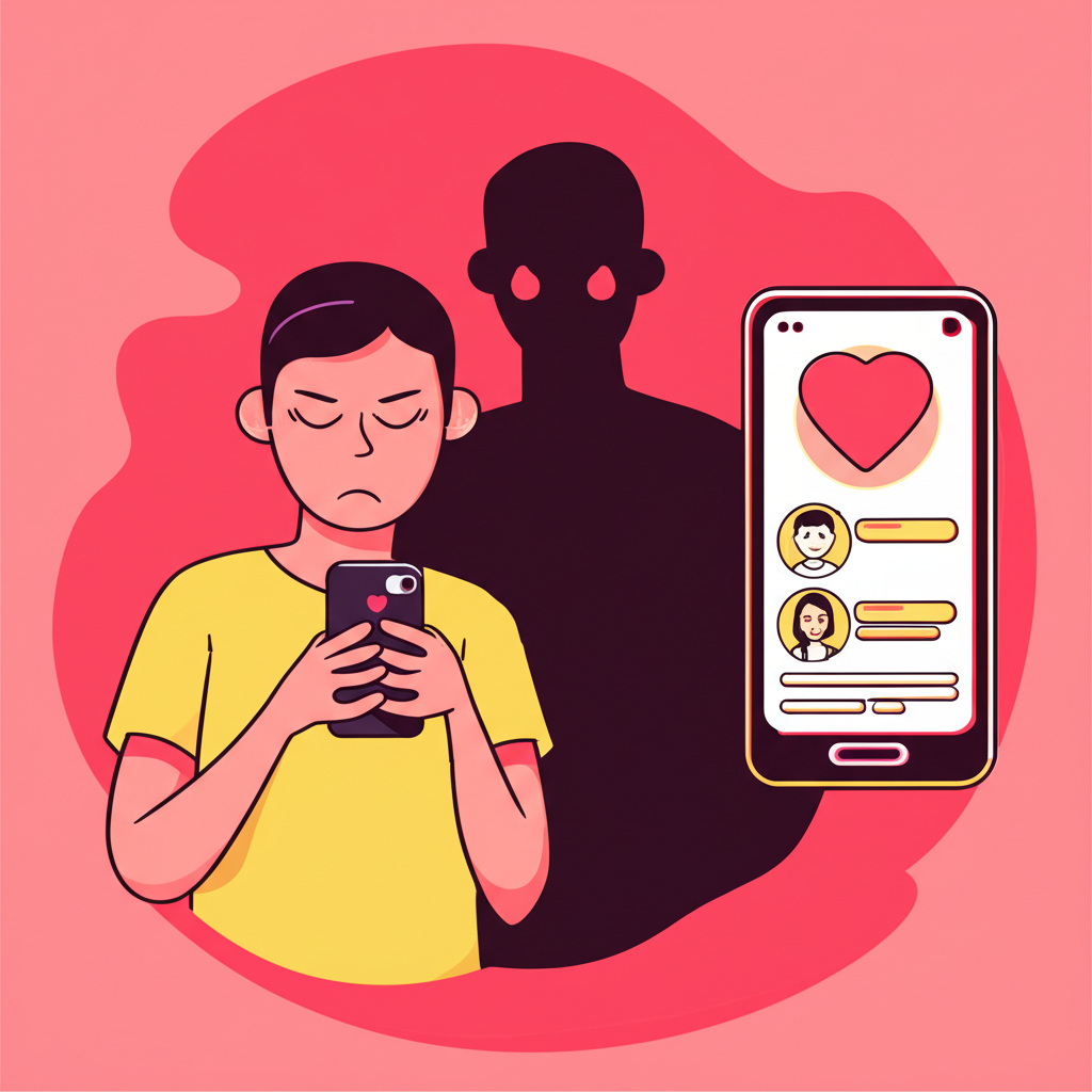 插圖:一個人盯著手機上的交友App,身後隱約出現一個陰影般的身影,象徵從虛擬到現實的潛在危險