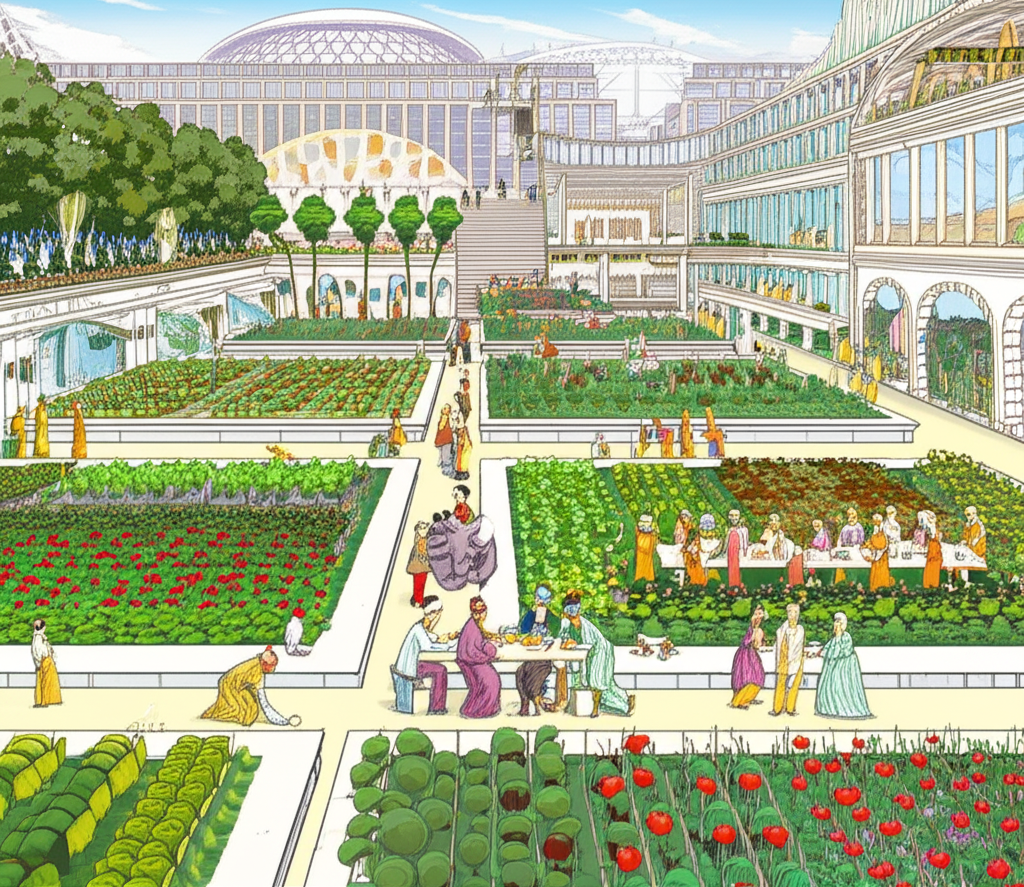 An illustration of a meticulously planned utopian society with communal gardens shared resources and people engaging in education and harmonious activities inspired by Plato's Republic and early socialist ideals
