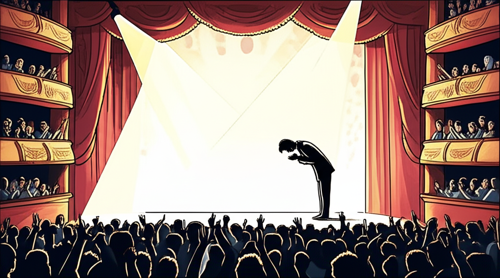An illustration of a grand theater stage with a spotlight on a lone performer bowing as an excited audience claps and shouts Encore their faces filled with joy and admiration creating a dynamic interaction between artist and crowd