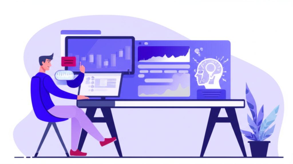 Forex trader chatting with AI, illustration.