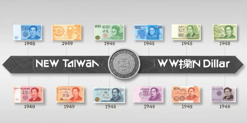 新台幣歷史沿革的時間線插圖,從1949年幣制改革到各種面額紙鈔和硬幣