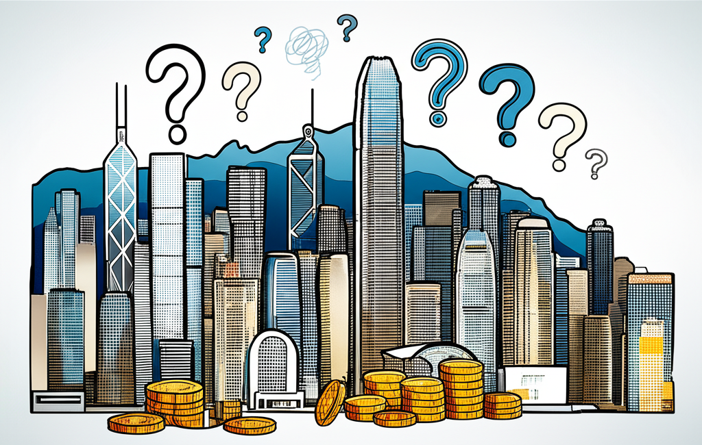 香港商業帝國插圖,展示地產高樓與黃金象徵,伴隨爭議雲朵與問號
