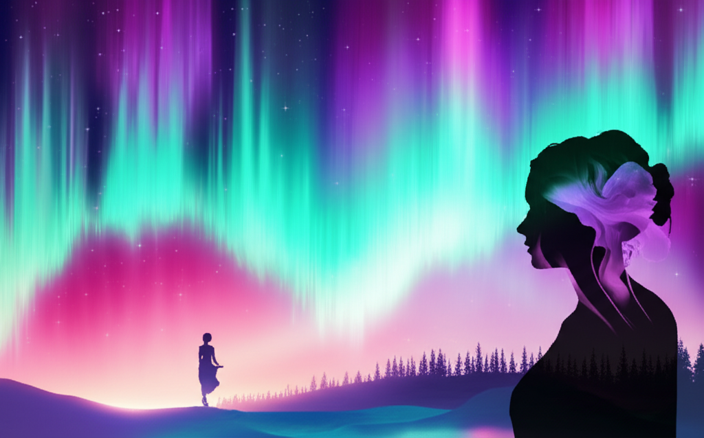 Aurora的多重面紗插圖,展現極光、黎明女神與女性輪廓在晨光與星空中的融合