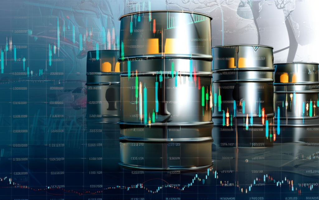 Forex platform, oil barrels, charts, illustration