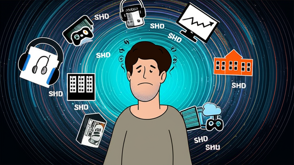 數位領域中困惑的人站在標有SHD的音響設備、學校建築、遊戲角色、金融圖表和雲端伺服器漩渦中,象徵語意歧義的插圖