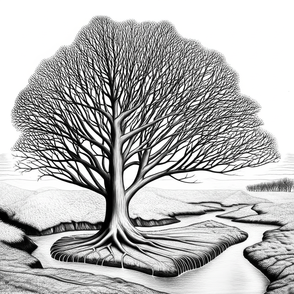 Serene natural landscape with tree branches and river branches in detailed style