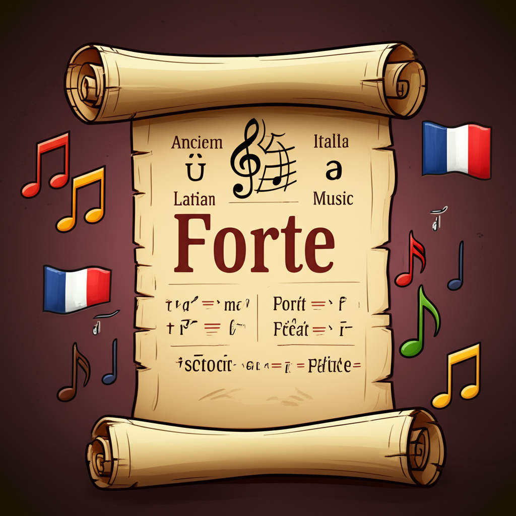 Forte 詞源與發音的語言元素插圖,包括拉丁捲軸、法義國旗、音樂符號及 IPA 音標,呈現歷史聽覺視覺
