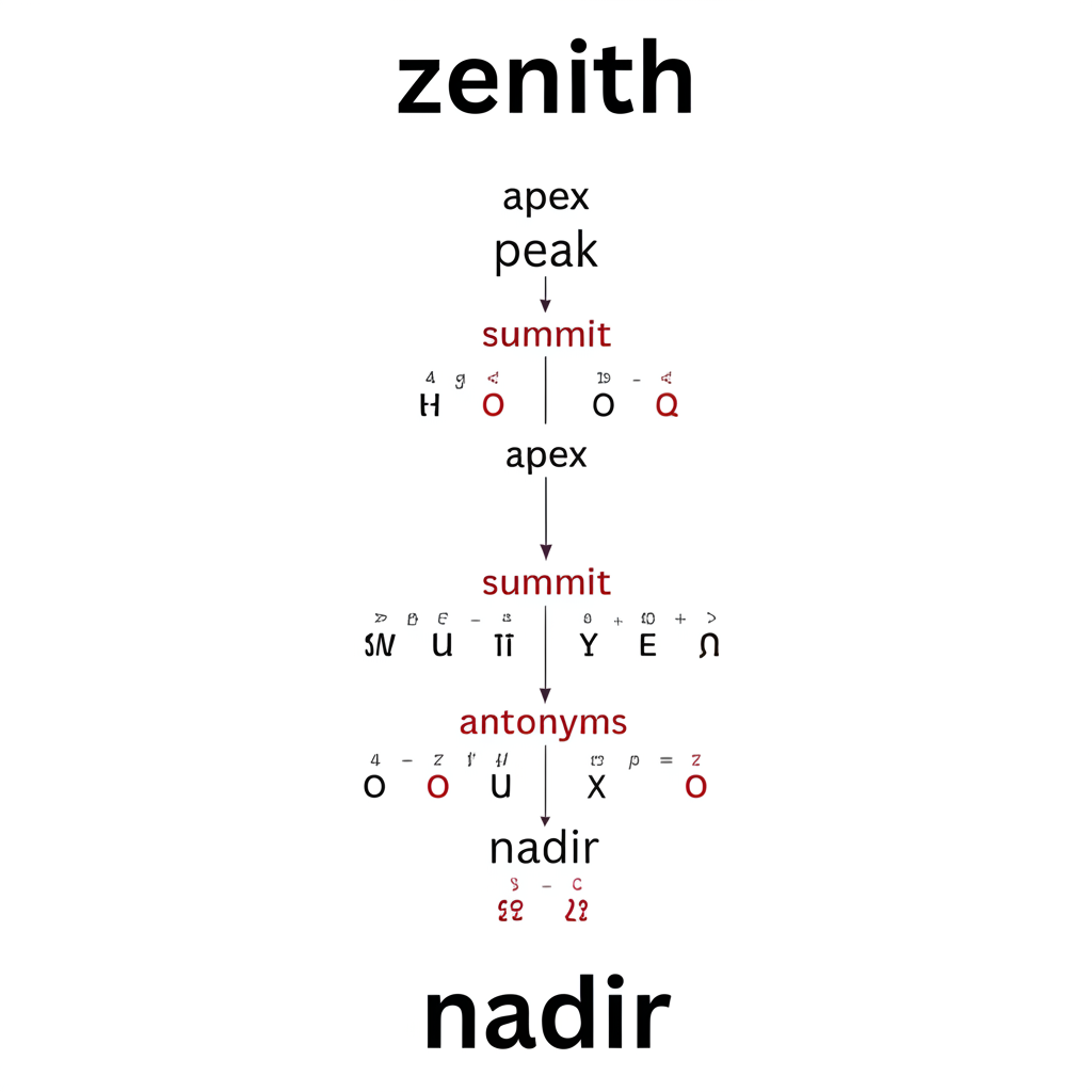 語言圖表展示 Zenith 發音的音標符號,以及同義詞如 apex、peak、summit 與反義詞如 nadir 的視覺對比插圖
