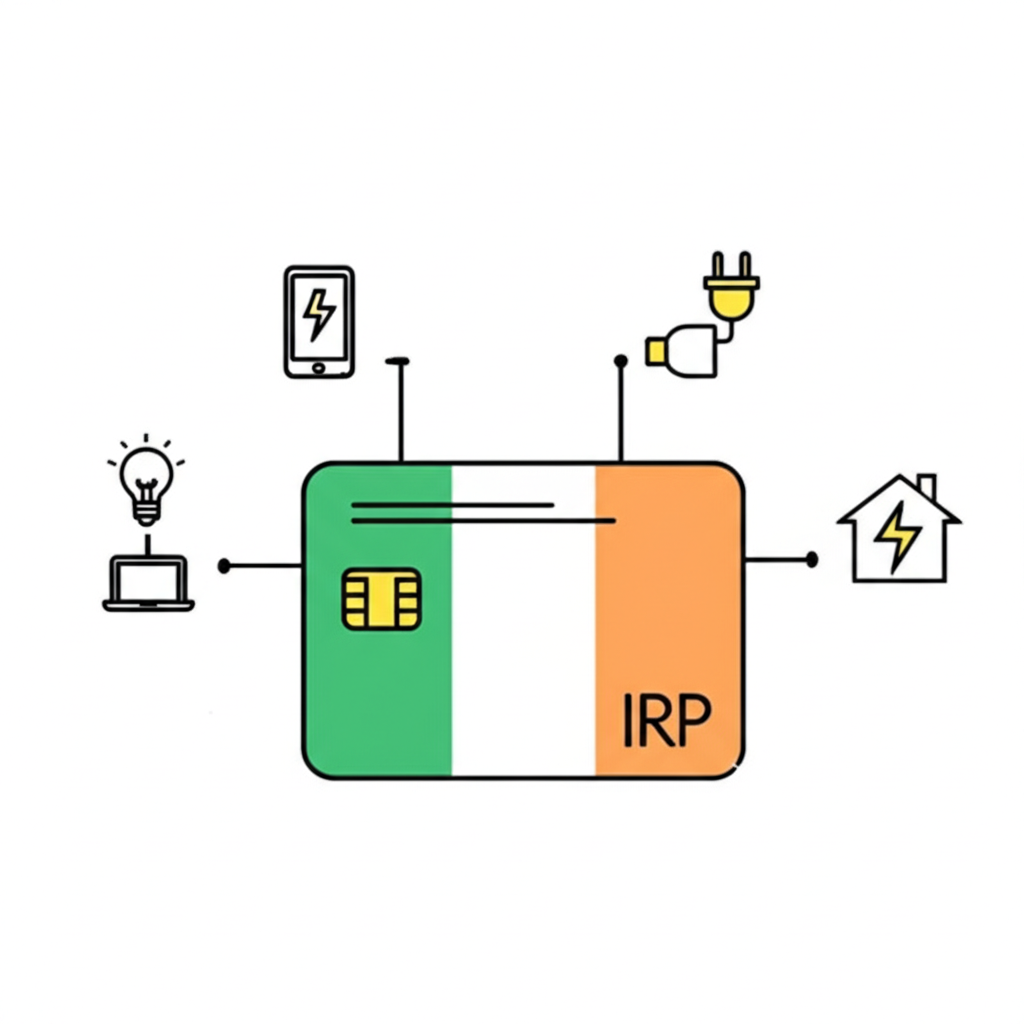 An illustration showing a central IRP card representing Ireland with smaller icons branching out to depict Apple repair IT data packets and energy plans symbolizing its diverse applications