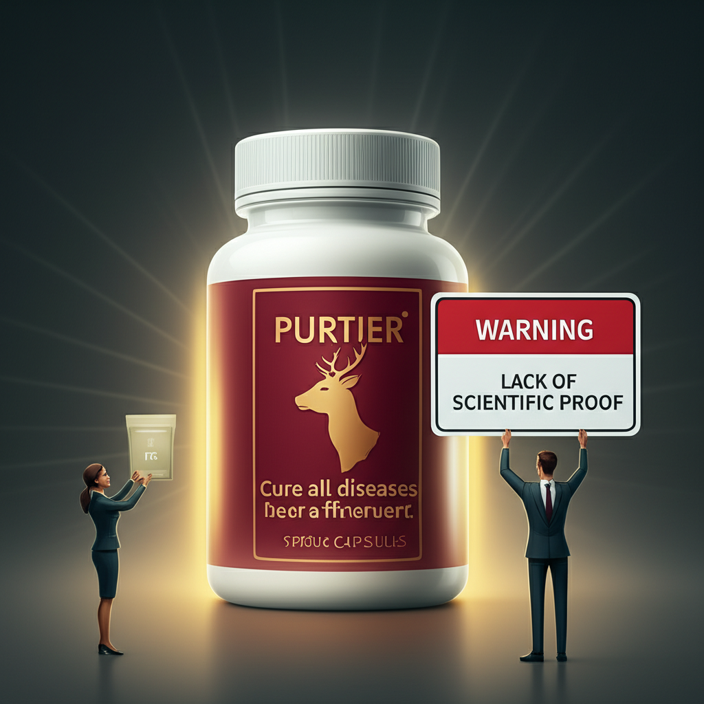 一瓶Purtier鹿胎盤膠囊發光,伴隨誇大宣稱如治癒百病與逆轉老化,旁邊小小政府監管者如FTC放置警告標誌,象徵虛假廣告與科學證據不足