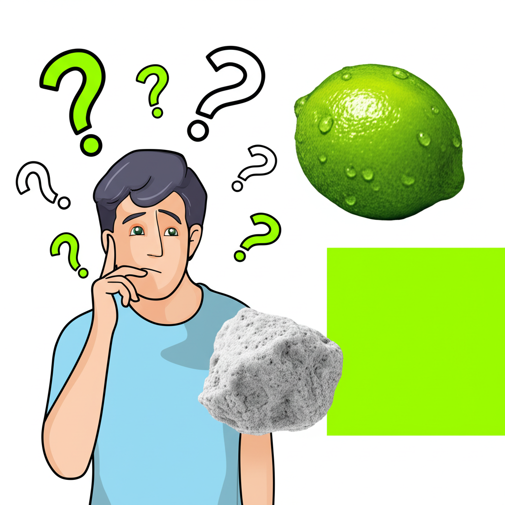 一個人困惑地看著不同形式的萊姆,包括水果、礦物和顏色,頭上有問號,充滿活力且資訊豐富的插圖