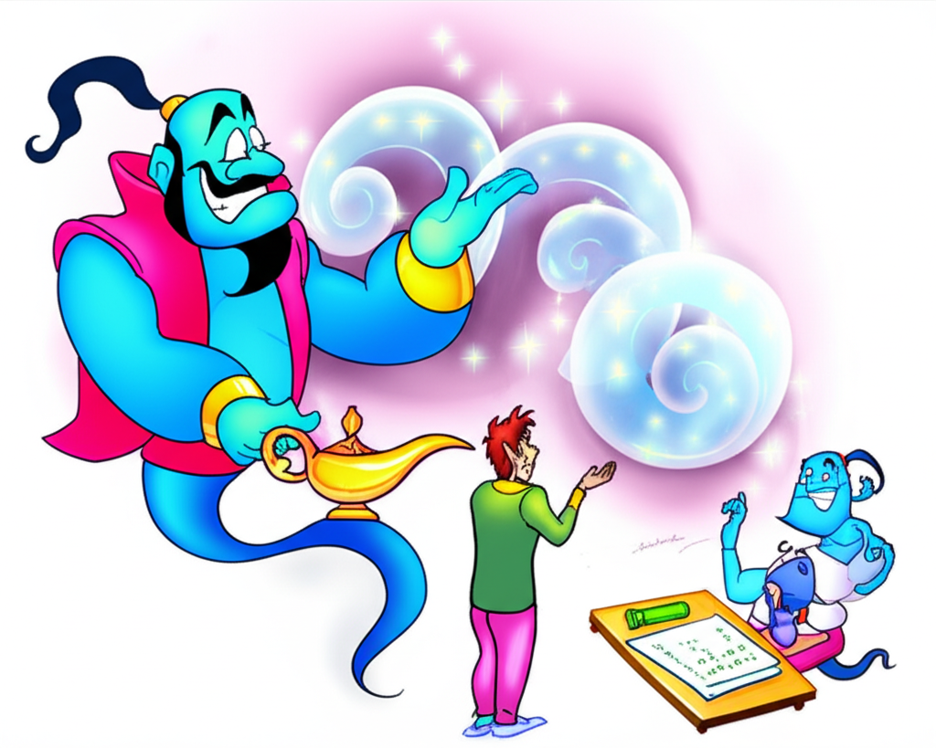 仁慈的 Genie 向人實現三個願望,背景有魔法燈,另一個小 Genie 幫助學生寫作業