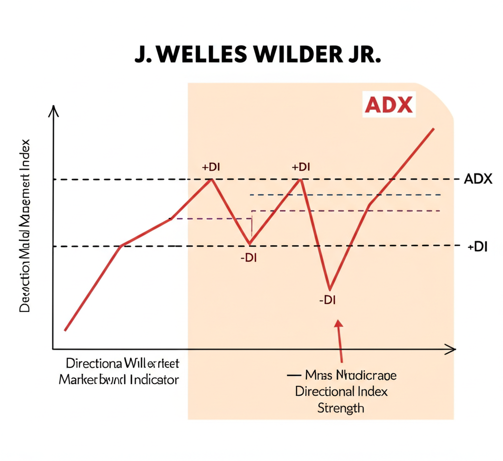 J. Welles Wilder Jr. 開發 DMI 指標,展示 +DI、-DI 與 ADX 三線,反映多空力量並評估趨勢強度
