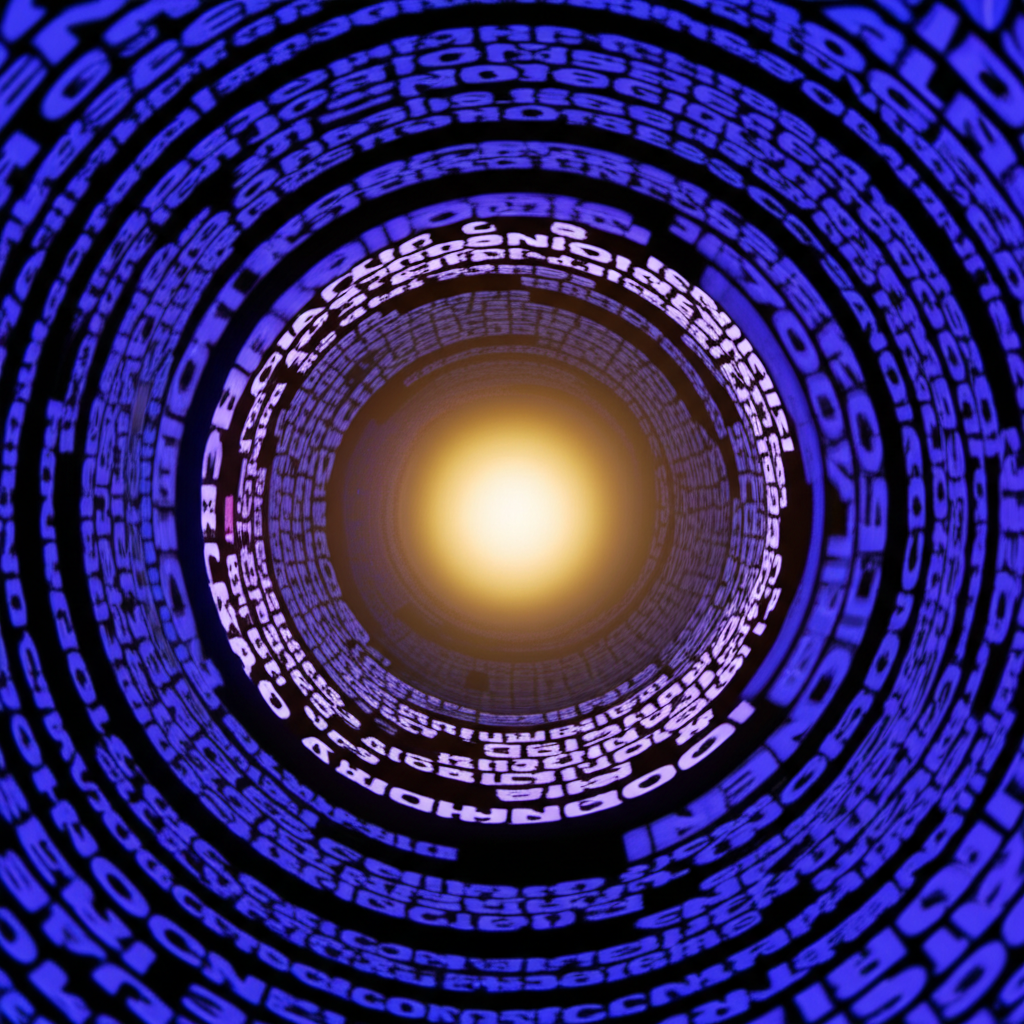 illustration of a single bright glowing orb at the center of a swirling vortex of text and ideas representing the core idea as the soul of an article
