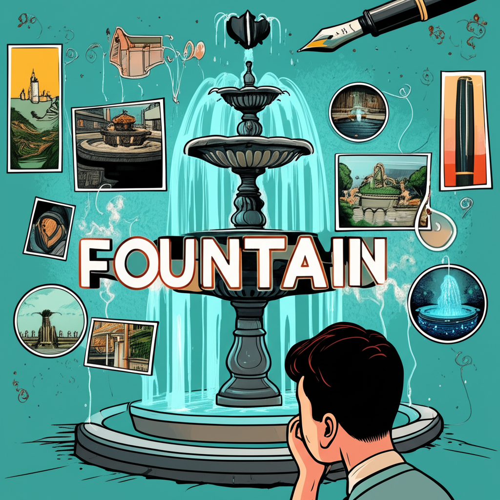 插圖描繪一人困惑地看著單字 fountain,周圍環繞城市噴泉、鋼筆與青春之泉等多元意象,象徵其豐富文化意涵